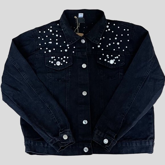 Womens Wash Denim Jackets Large Black White Mid Length Decorated With Pearls - Picture 14 of 16